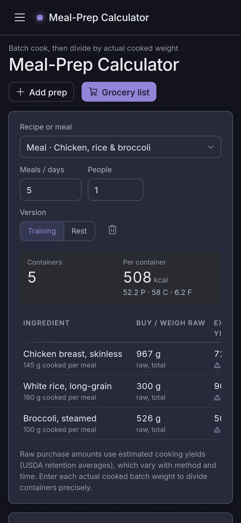 Regimen meal-prep calculator with raw amounts to buy and grams per container