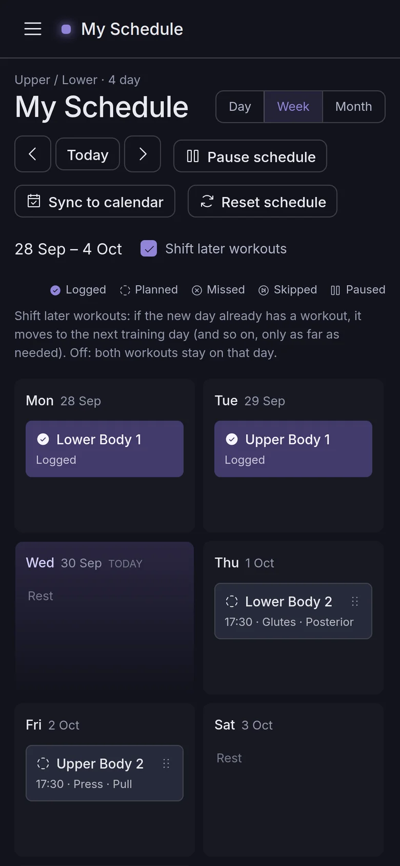 Regimen weekly workout schedule on a phone