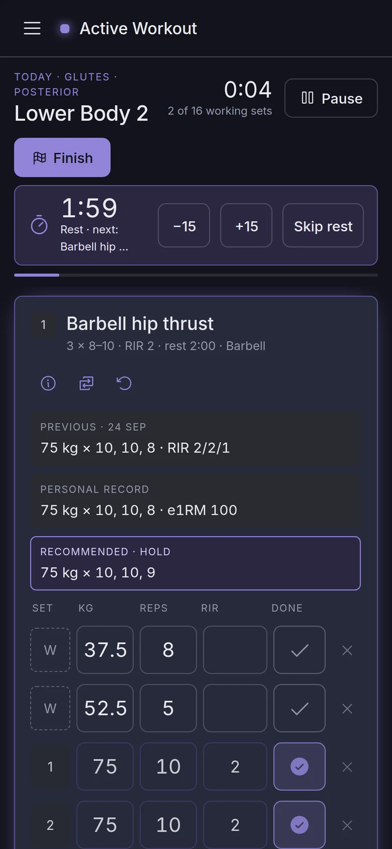 Regimen workout screen with previous session, personal record, recommended target and rest timer
